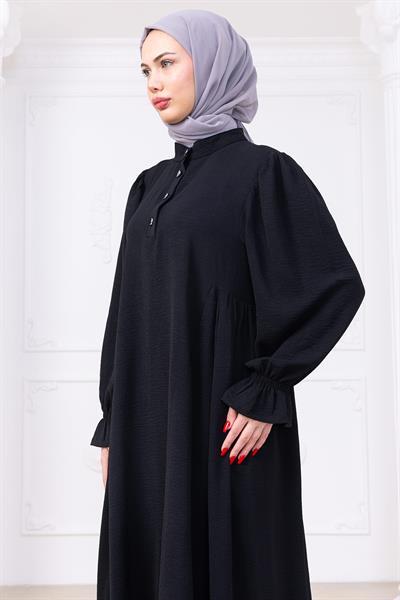 Kolları Lastikli Eva Tesettür Elbise Siyah HM2758