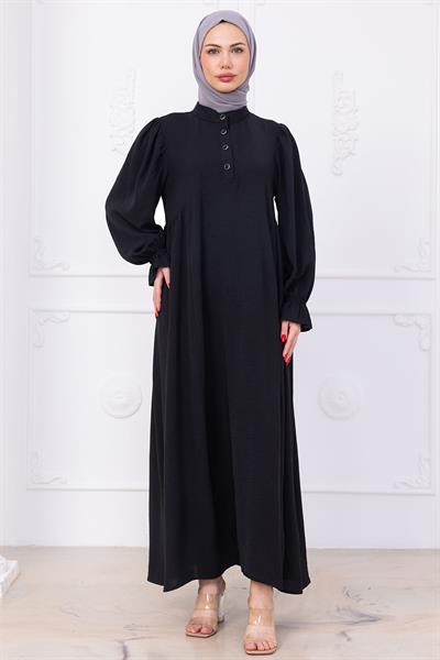 Kolları Lastikli Eva Tesettür Elbise Siyah HM2758
