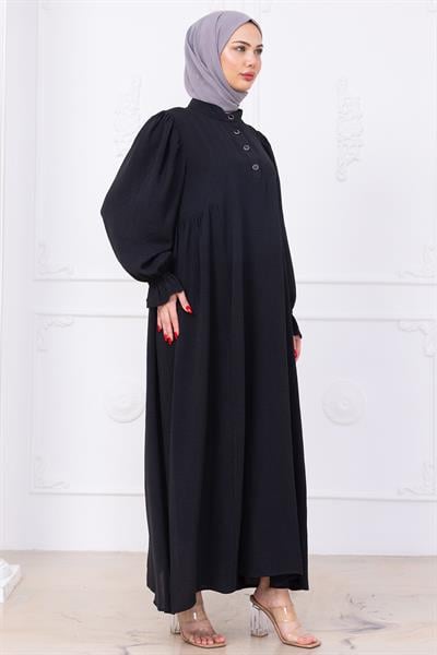Kolları Lastikli Eva Tesettür Elbise Siyah HM2758