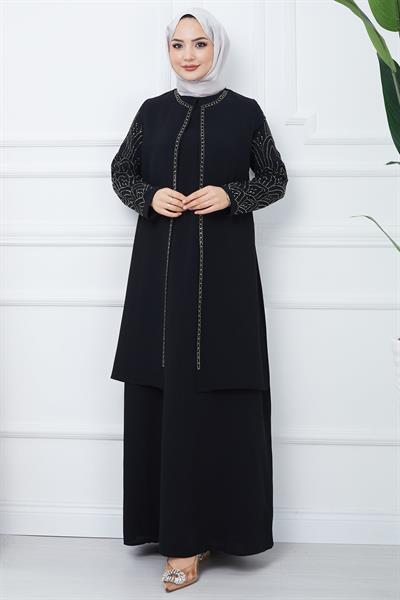 Kolları Taşlı Büyük Beden Anne Elbisesi Siyah HM2349