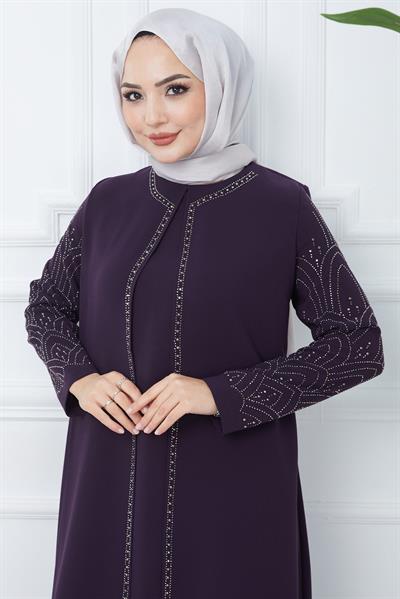 Kolları Taşlı Büyük Beden Anne Elbisesi Mor HM2349