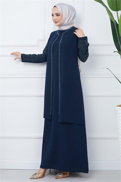 Kolları Taşlı Büyük Beden Anne Elbisesi İndigo HM2349