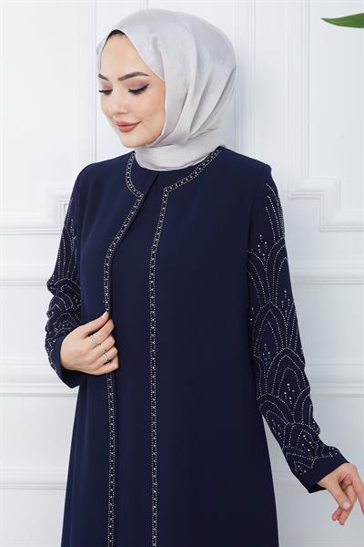 Kolları Taşlı Büyük Beden Anne Elbisesi Lacivert HM2349