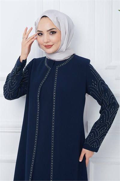 Kolları Taşlı Büyük Beden Anne Elbisesi İndigo HM2349