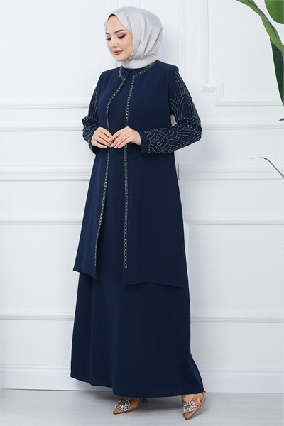 Kolları Taşlı Büyük Beden Anne Elbisesi İndigo HM2349