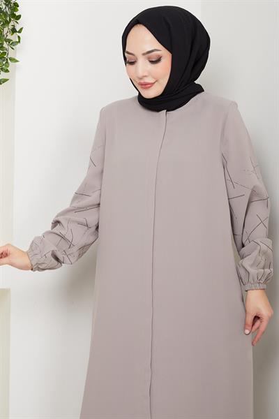 Kolları Taşlı Büyük Beden Ferace Bej HM2801