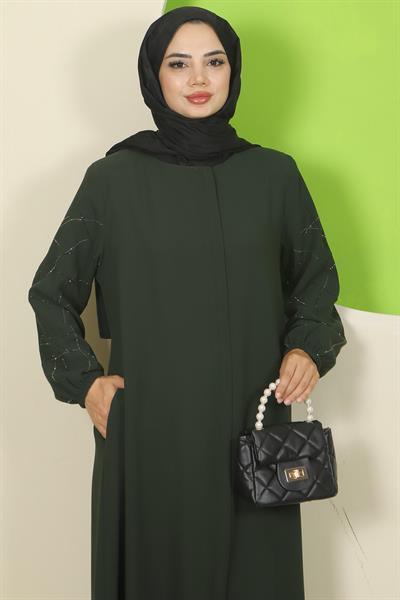 Kolları Taşlı Büyük Beden Ferace Haki HM2801