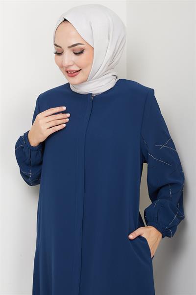 Kolları Taşlı Büyük Beden Ferace İndigo HM2801