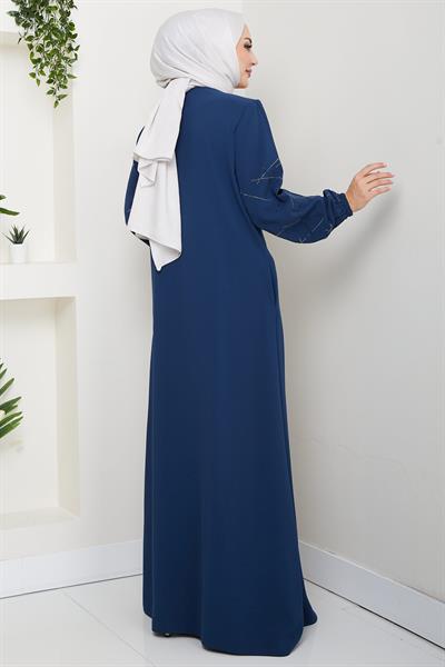 Kolları Taşlı Büyük Beden Ferace İndigo HM2801