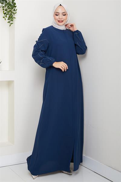 Kolları Taşlı Büyük Beden Ferace İndigo HM2801