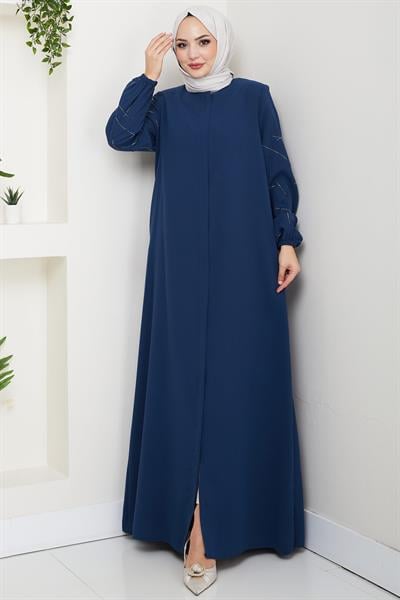 Kolları Taşlı Büyük Beden Ferace İndigo HM2801