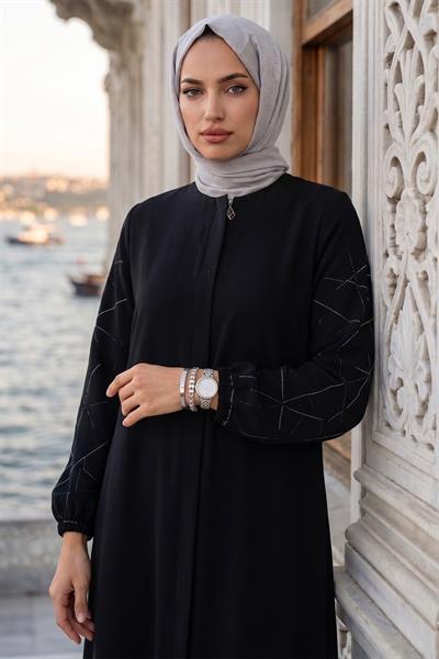 Kolları Taşlı Büyük Beden Ferace Siyah HM2801