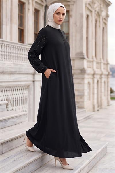 Kolları Taşlı Büyük Beden Ferace Siyah HM2801