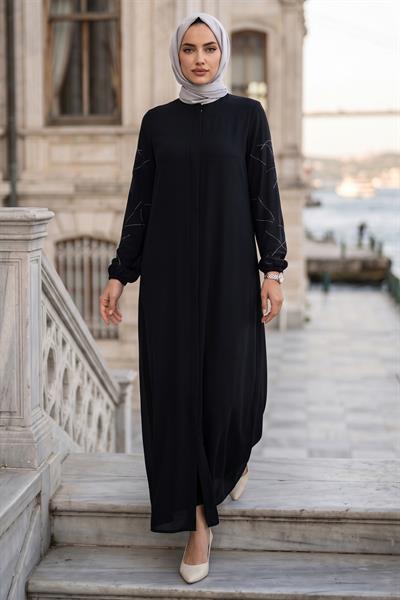 Kolları Taşlı Büyük Beden Ferace Siyah HM2801