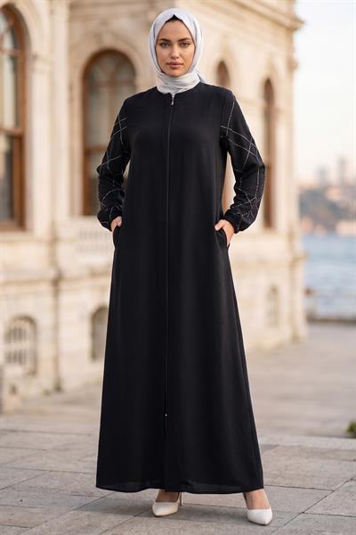 Kolları Taşlı Büyük Beden Ferace Siyah HM2801