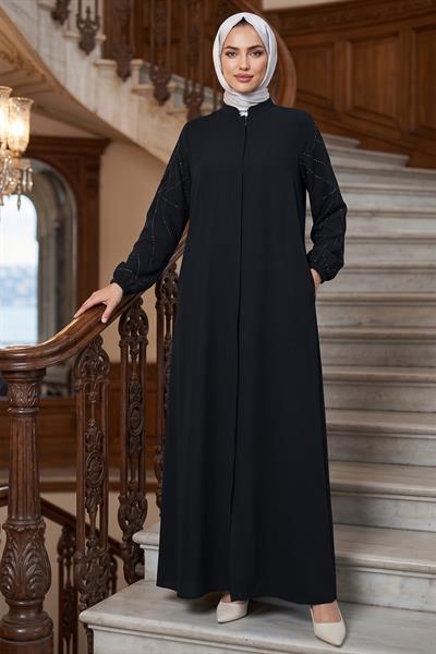 Kolları Taşlı Büyük Beden Ferace Siyah HM2801