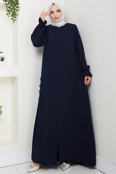 Kolları Volanlı Çiçek Detaylı Ferace Lacivert HM2855