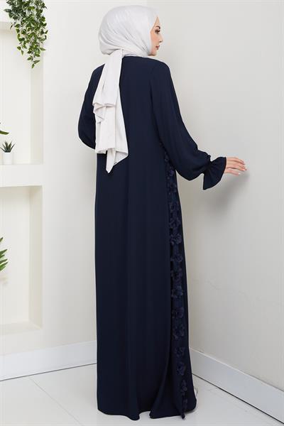 Kolları Volanlı Çiçek Detaylı Ferace Lacivert HM2855