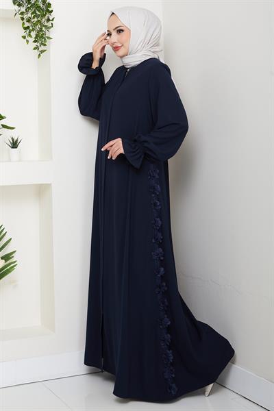 Kolları Volanlı Çiçek Detaylı Ferace Lacivert HM2855