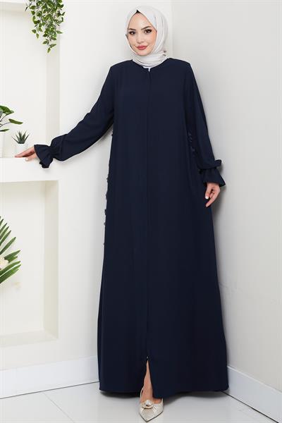 Kolları Volanlı Çiçek Detaylı Ferace Lacivert HM2855