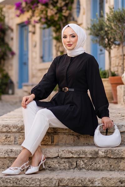 Kolu Bağlamalı Kemerli Tunik Siyah HM2920