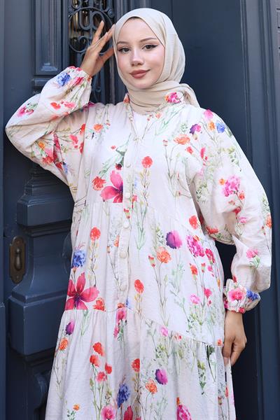Kolu Lastikli Çiçekli Elbise Krem HM2793