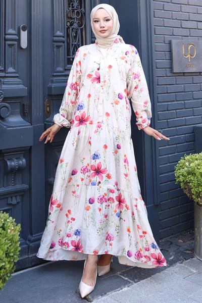 Kolu Lastikli Çiçekli Elbise Krem HM2793