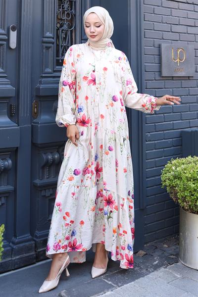 Kolu Lastikli Çiçekli Elbise Krem HM2793