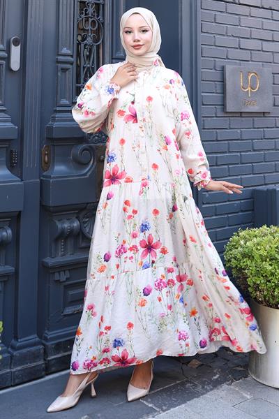 Kolu Lastikli Çiçekli Elbise Krem HM2793