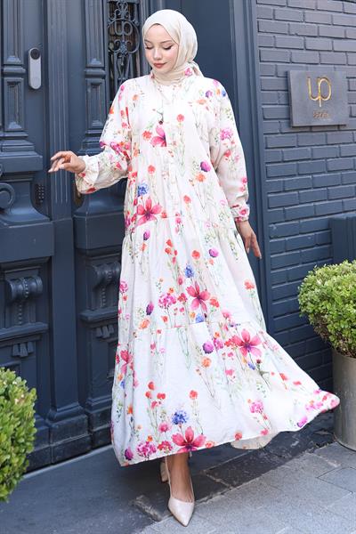 Kolu Lastikli Çiçekli Elbise Krem HM2793