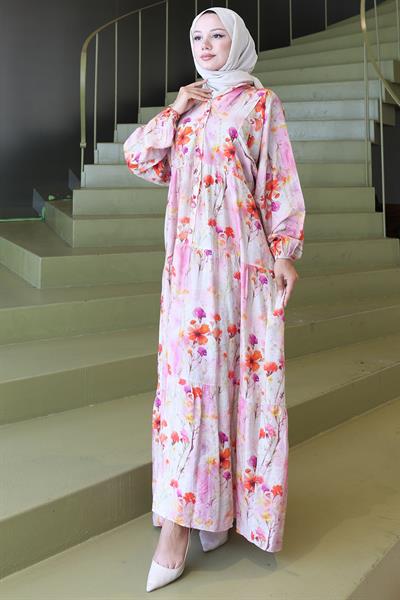 Kolu Lastikli Çiçekli Elbise Lila HM2793