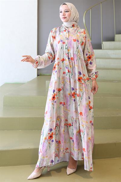 Kolu Lastikli Çiçekli Elbise Yeşil HM2793