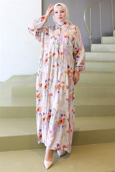 Kolu Lastikli Çiçekli Elbise Yeşil HM2793