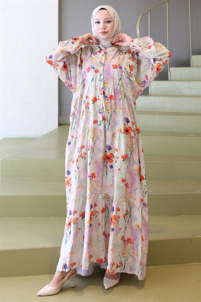 Kolu Lastikli Çiçekli Elbise Yeşil HM2793