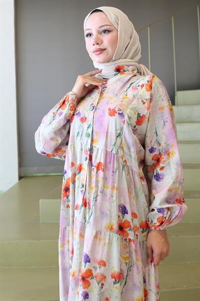 Kolu Lastikli Çiçekli Elbise Yeşil HM2793