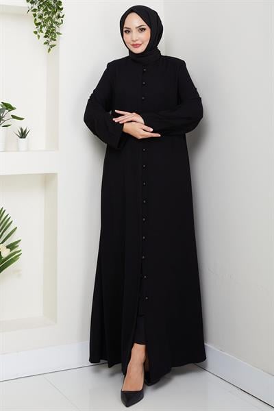 Kolu Pensli Düğmeli Ferace Siyah HM2861