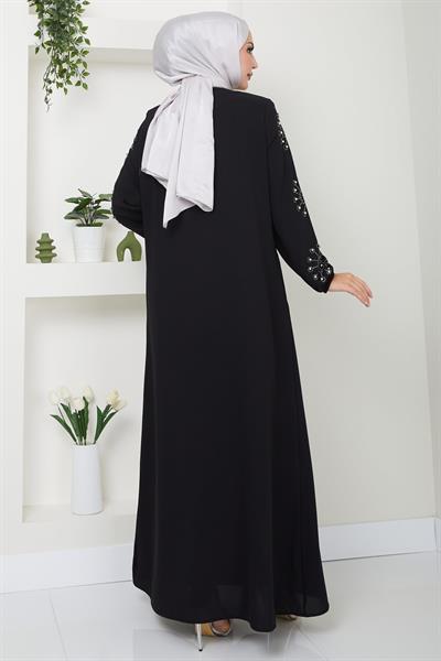 Kolu Taşlı ve İncili Ferace Siyah HM2494