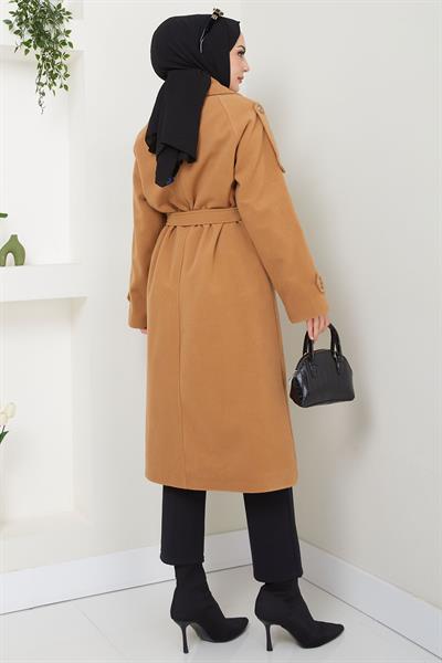 Kruvaze Yaka Düğmeli Kuşaklı Kaşe Kaban Camel HM2603