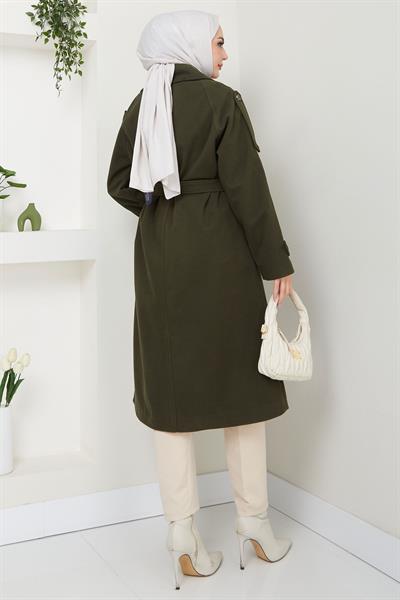 Kruvaze Yaka Düğmeli Kuşaklı Kaşe Kaban Haki HM2603