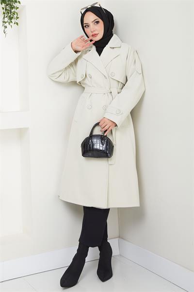 Kruvaze Yaka Düğmeli Kuşaklı Kaşe Kaban Ekru HM2603