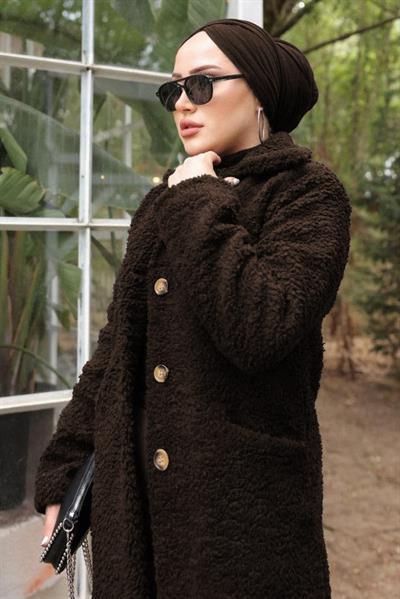 Kruvaze Yaka Peluş Mont Kahverengi HM2507