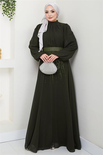 Kuşağı Taşlı Şifon Abiye Elbise Haki HM2668