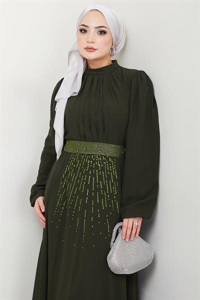 Kuşağı Taşlı Şifon Abiye Elbise Haki HM2668
