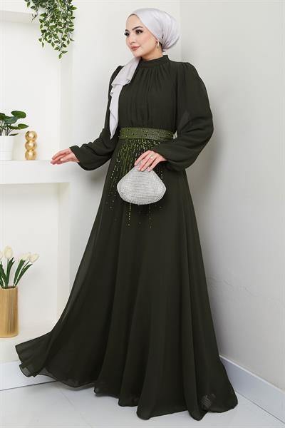 Kuşağı Taşlı Şifon Abiye Elbise Haki HM2668