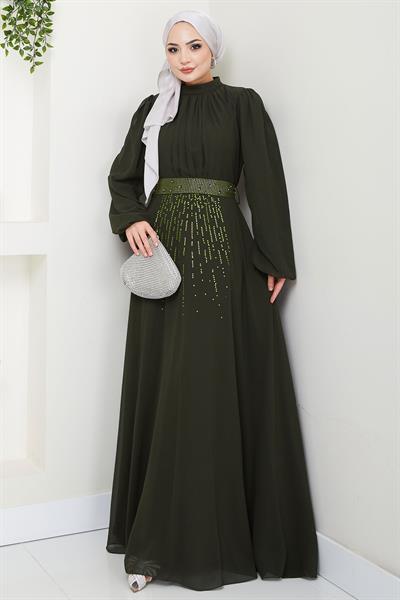 Kuşağı Taşlı Şifon Abiye Elbise Haki HM2668