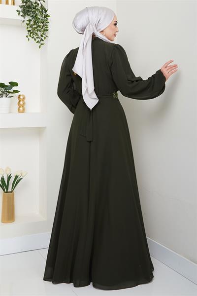 Kuşağı Taşlı Şifon Abiye Elbise Haki HM2668