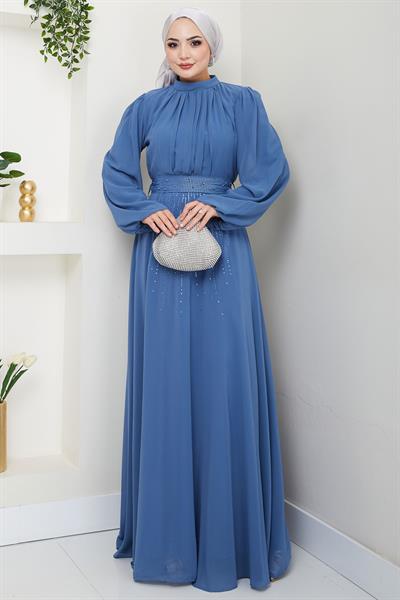 Kuşağı Taşlı Şifon Abiye Elbise Mavi HM2668