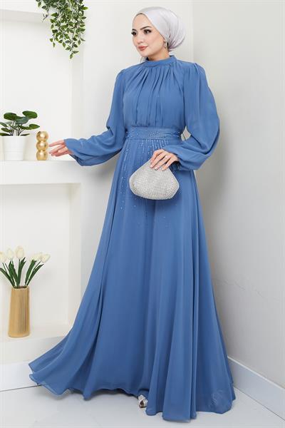 Kuşağı Taşlı Şifon Abiye Elbise Mavi HM2668