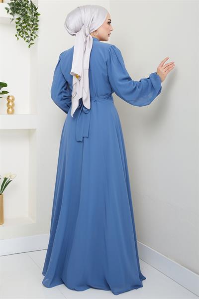 Kuşağı Taşlı Şifon Abiye Elbise Mavi HM2668