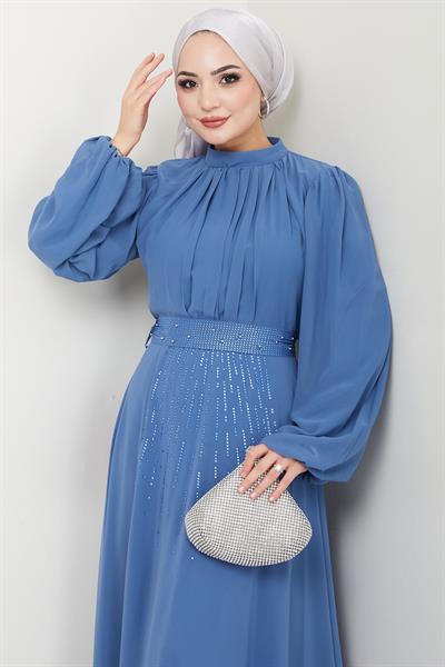 Kuşağı Taşlı Şifon Abiye Elbise Mavi HM2668